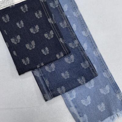 comprare Pattern di farfalle Jacquard Blu scuro tessuto denim cotone poliestere 10 oz per jeans di design speciale fabbricazione online